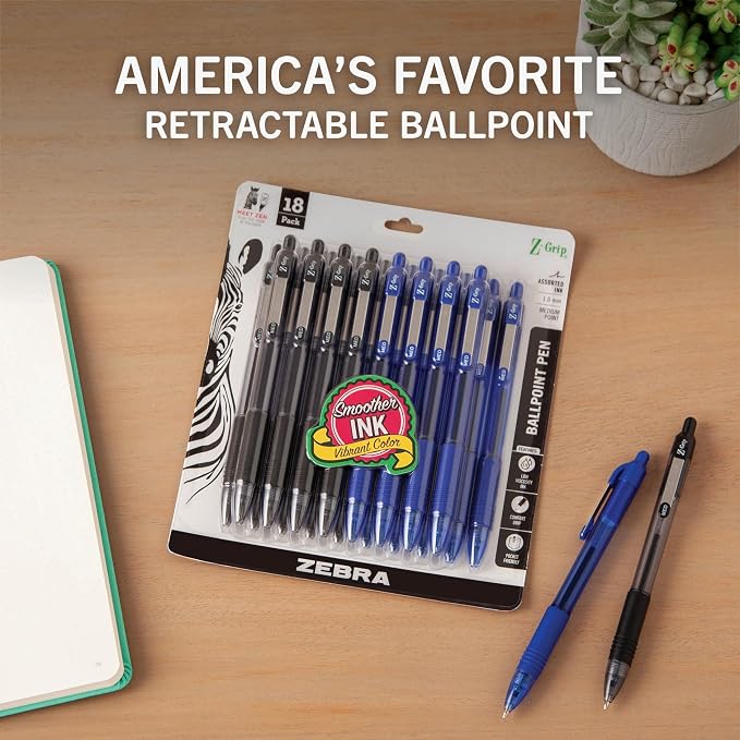 Zebra Pen Z-Grip Retractable Ballpoint Pen, Black/Blue, 1.0mm, 18-Pack | Smooth Writing, Medium Point Tip, Ideal for Planners, Note-Taking, and School and Office Supplies (22018amz)
