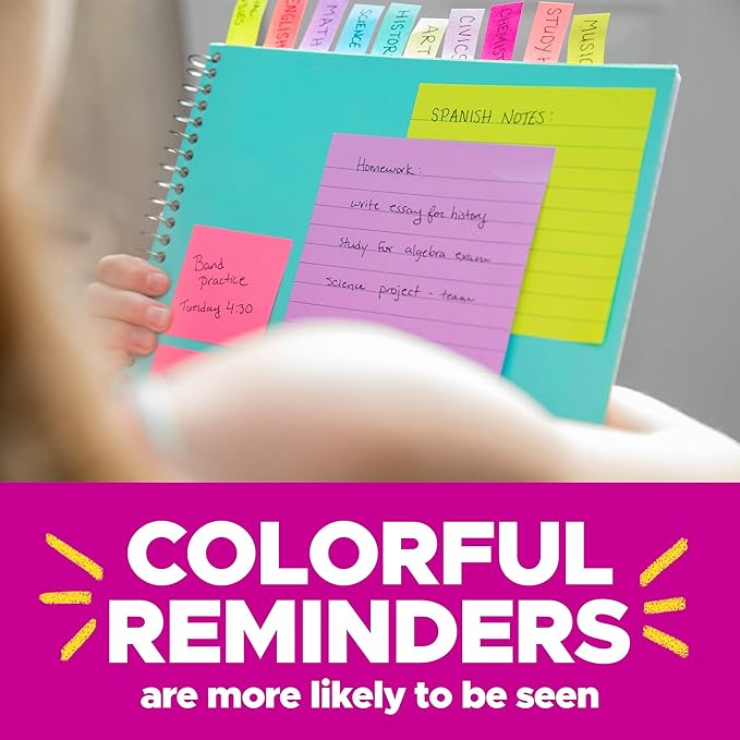Post-it Super Sticky Notes, 15 Sticky Note Pads, Multi-Size., Ideal for Organization in Your Dorm, Home or Office, 2X The Sticking Power, Supernova Neons Collection
