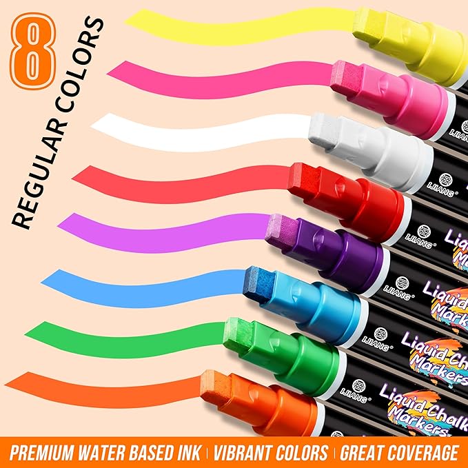 IJIANG Chalk Markers Neon 8 Colors, Jumbo Liquid Chalk Markers with 10mm 3-in-1 Tips Perfect for Blackboard Whiteboard Chalkboard and Window Cars Glass Mirror, Dry & Wet Erase Pens