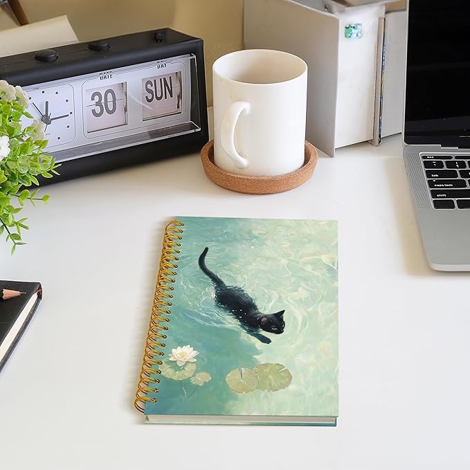 ROXMART Whimsical Funny Black Cat Spiral Notebook Journal, Cat Lover Mom Lady Owner Gifts, Cute Black Kitty Kitten in Water Lily Pond Hardcover Notebook Journal, 5.5x8.3 Inch