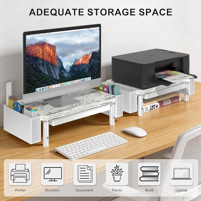 WALI Computer Monitor Stand with Storage and Pen Holder | 3 Height Adjustable Desk Organizer with Drawer, Desk Laptop Monitor Riser for Computer, Printer(PTT003-M), 1 Pack, Marble