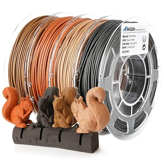 AMOLEN Wood PLA Filament Bundle 3D Printer Filament Wood Sets,Walnut,Cherry,Bamboo,Ebony,3D Printing Filament,PLA Filament 1.75mm,200g*4 Spools