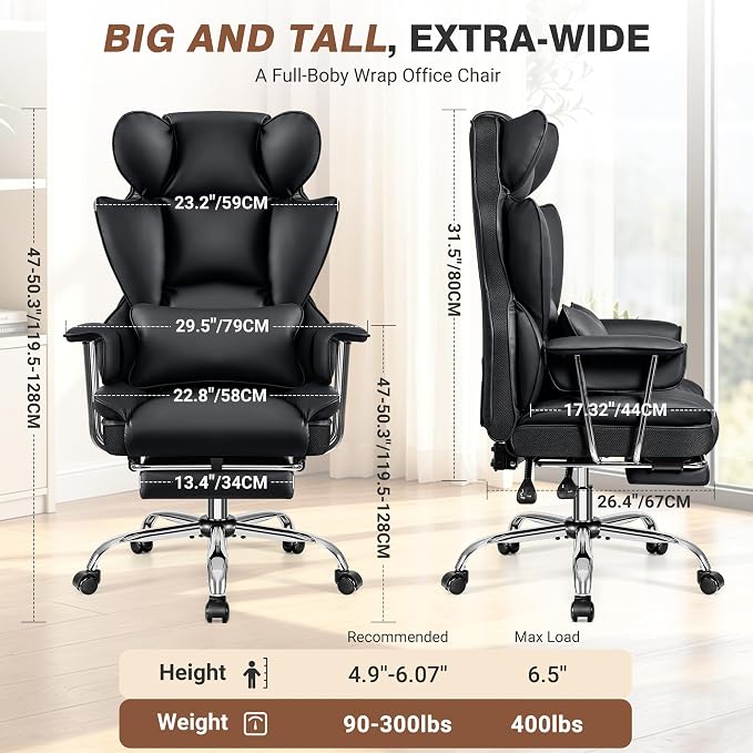 ALLGOD Big and Tall Office Chair 400LBS, Executive Ergonomic Leather Chair with Footrest, Wide Seat Gaming Office Chair with Pocket Spring Cushion, Reclining High Back Computer Desk Chair, Black