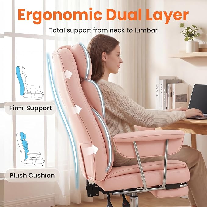 NEO CHAIR Big & Tall Leather Office Chair, High Back, Lumbar Support, Pink | Gaming Chair for Adults and Computer Use, Reclining Office Chair with Foot Rest, Massage, Comfy Design and Heavy Duty Support