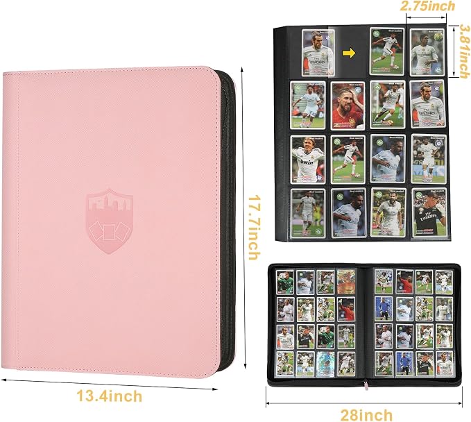 16 Pocket Ringless Side Loading Trading Card Binder, 1024 Cards PU Fixed Page Zipper Card Album for TCG Sports Game Cards, Not Fit Top Loaders (Pink)