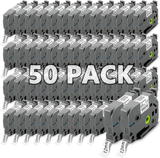 50x Replace for Brother 12mm 0.47 Laminated White TZ Tape, P Touch Label Tape Compatible with Brother Label Maker PTouch PTH210 PTD220 PTH110 PT-1280 PT-1880, Black on White, 1/2 Inch x 26.2 Feet