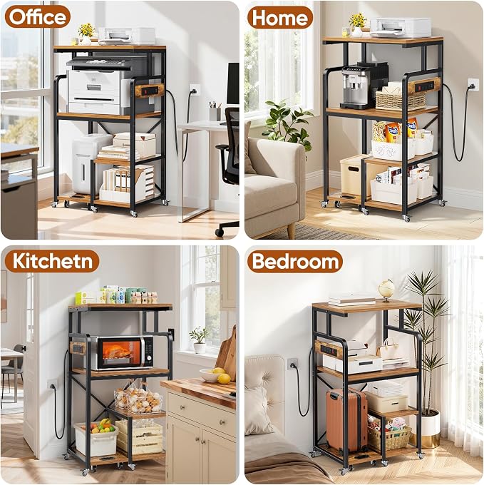 POKIPO 4 Tier Large Printer Stand Table with Power Outlet Adjustable Shelf | 26.7" x 21.2" x 50.2" Tall Cart,Fit 2/3 printers, Rolling with Wheels,Home Office Kitchen Stand,for 3D Printer Paper Shredder