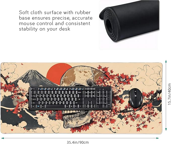 Aesthetic Skull Gaming Mouse Pad, Beige Red Japanese Desk Mat with Anti-Slip Base & Stitched Edges, Office Supplies & Desk Decor for Women, 35.4" x 15.7" in Home Office Essentials