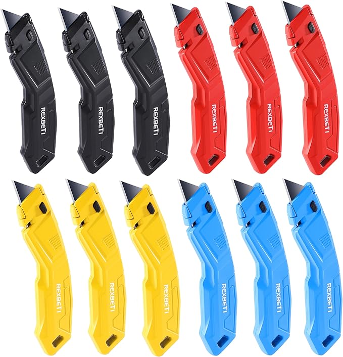 REXBETI 12 Pack Utility Knife Retractable Box Cutter, 4 Color Heavy Duty Aluminum Shell Knife Sets with Extra 20pc SK2 Blades for Cartons, Cardboard and Boxes