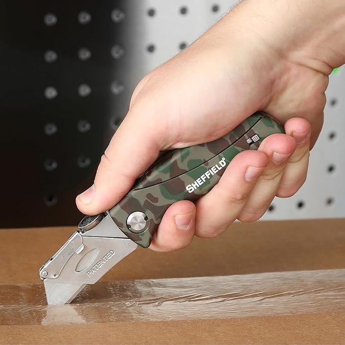 Sheffield Folding Utility Knife, Accepts Standard Utility Knife Blades, Box Cutter, Razor Blades Included, For Home, Office, Trades, and Warehouse