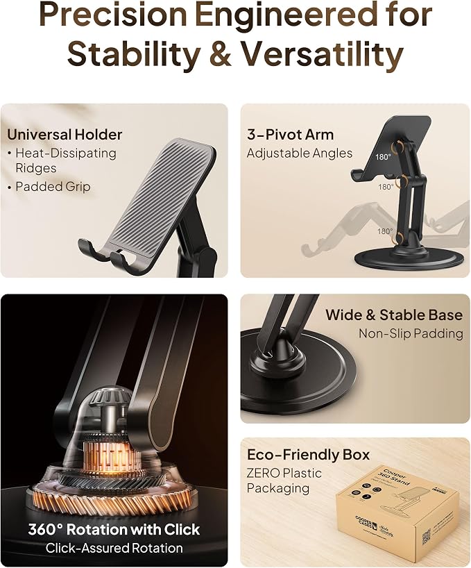 COOPER 360° Stand, Rotating Cell Phone Stand for Desk | Sturdy Metal Base, Foldable, Portable | Cell Phone Holder for Desk (Piano Black) | 360° Click Rotating, Adjustable, Foldable, Portable, Metal Base, Cell Phone Holder for Desk; Fits all Samsung, An...