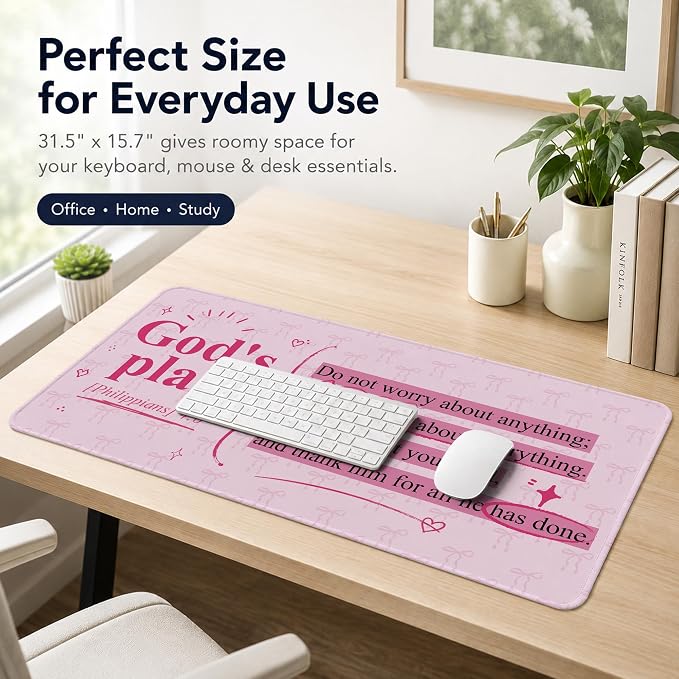 Pink Bow Christian Bible Verse Mouse Pad Large 31.5x15.7inch,M008 | Philippians 4:6 Pink Bow Christian Large Mouse Pad for Work Computers Laptop Office Desk Accessories, Girly Office Supplies