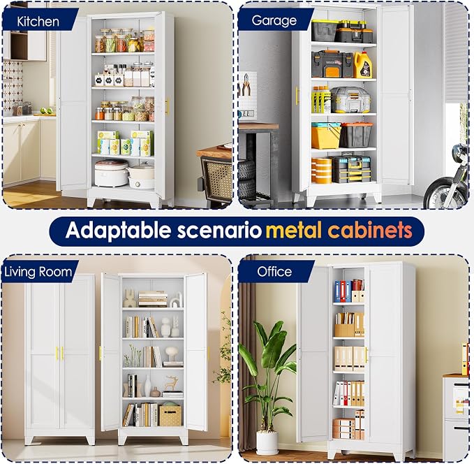 erosoei 71" H Metal Garage Storage Cabinet, Metal Pantry Cabinet with 2 Doors, Locker Steel Cabinet with 4 Adjustable Shelves, Freestanding Cupboard for Garage,Office,Home,Gym,School