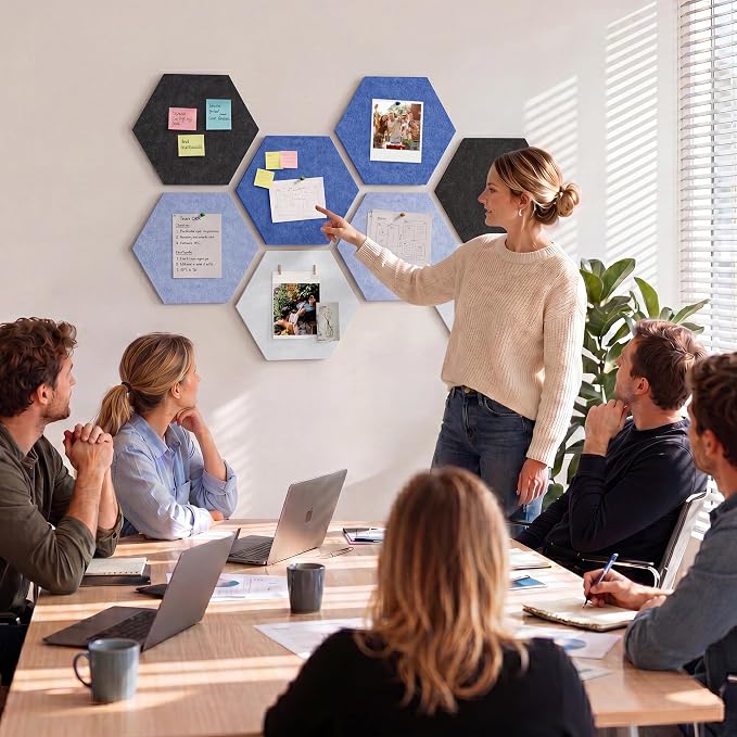 8-Pack Hexagon Felt Bulletin Board Tiles, Cork Board Alternative | For students and teachers creating vision boards in homes, offices, dorms or classrooms; includes 30 push pins.