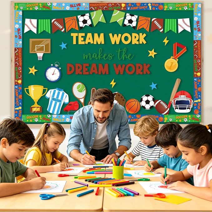 53Pcs Sports Motivational Bulletin Board Decorations Set, Inspirational Football Teamwork Cutouts Back to School PE Bulletin Board for Teacher Supplies Office Classroom Door Wall Decor