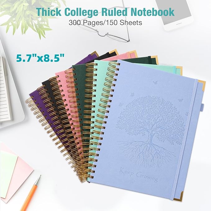 Spiral Notebook, College Ruled Notebook, A5, 300 Page Leather Journals for Writing, 5.7" x 8.5", Hardcover Journaling Notebooks for Work School, 24pcs Tabs, Large Embossed Journal for Women Men, Blue2