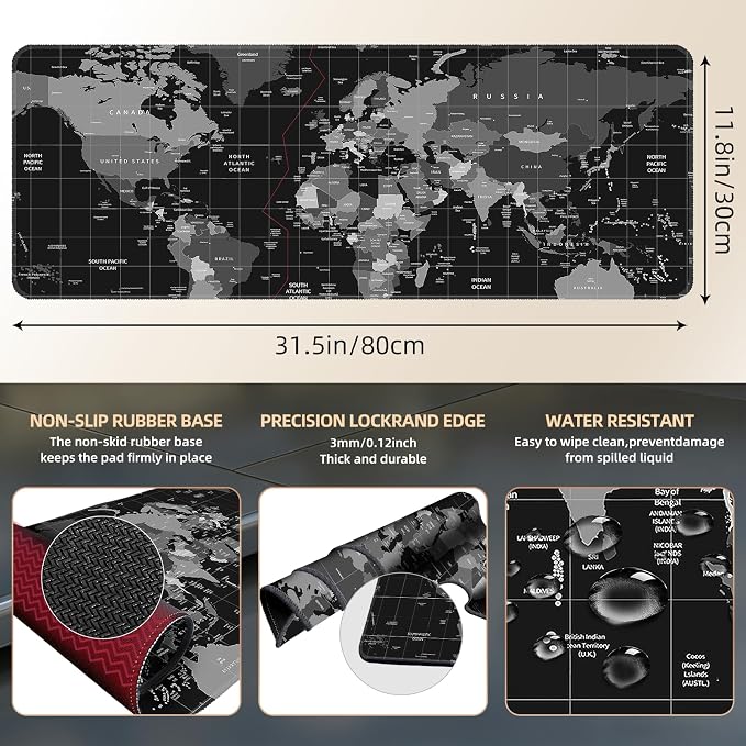 Galdas Mouse Pad for Gaming,XXL XL Large Mouse Mat Long Extended Mousepad Desk Mat Non-Slip Rubber Mice Pads Stitched Edges Thin (31.5 x 11.8 x 0.12 Inches),World Map Background