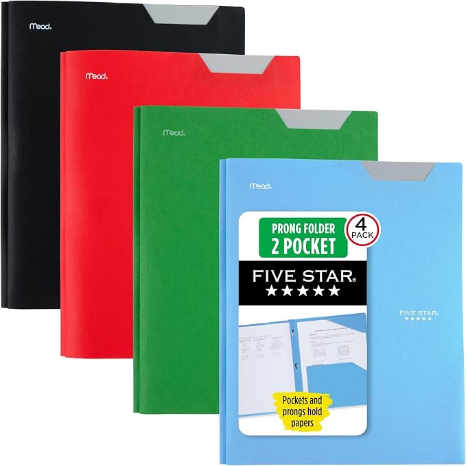 Five Star 2-Pocket Folder,Plastic Folder with Stay-Put Tabs and Prong Fasteners,Holds 8-1/2" x 11" Paper,Black,Fire Red,Forest Green,Pacific Blue (38048),(Pack of 24)