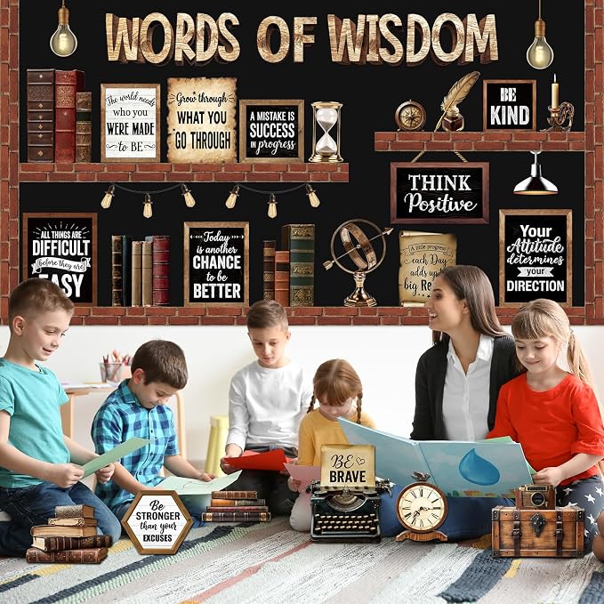 Mooliwe 57 Pcs Industrial Chic Bulletin Board Decorations for Classroom | Inspirational Rustic Posters with Typewriter Bulb Brick Design, For School Office Wall Door Decor, Farmhouse Vintage Style