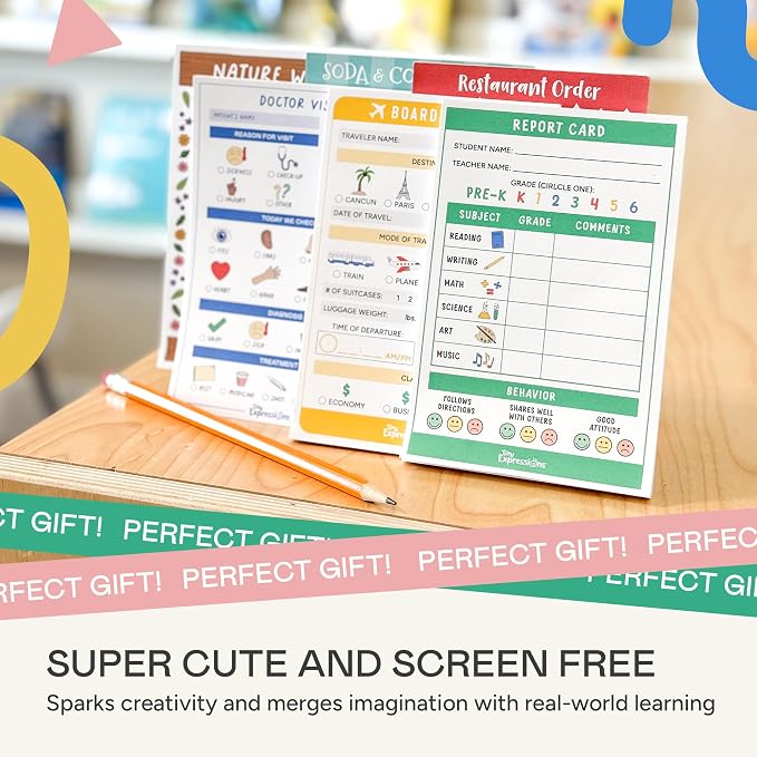 Pretend Play Notepads - 6-Pack Kids Play Pads | 40 Pages Each of Restaurant, Doctor, Boarding Pass, Report Card, Nature Walk & Soda Shop for Imaginative Role Play