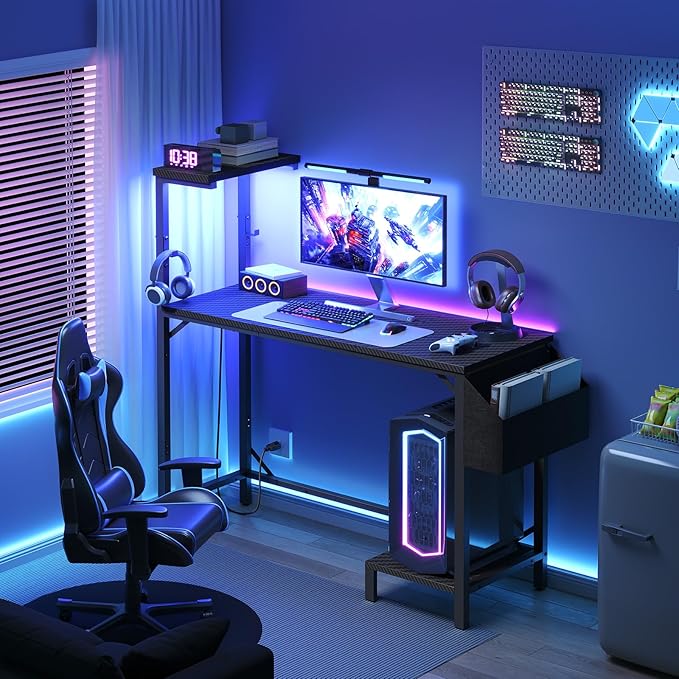 Gaming Desk, Computer Desk with Charging Station and LED Light, Small PC Desk with Side Storage Bag and Shelves, 2 Hooks, for Living Room, Home Office, Bedroom Black CDHS134E01