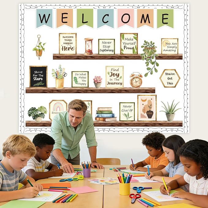 59Pcs Welcome Back to School Bulletin Board Decorations, Boho Classroom Decor, Greenery Plant Bookshelf Inspirational Affirmation Cutouts for Teacher Supplies Office Classroom Door Wall Decor
