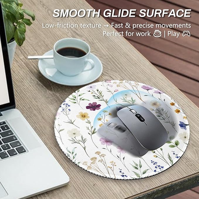 Gctriki Beautiful Flowers Round Mouse Pad, Small Comfortable Desk Mat with Stitched Edges & Non-Slip Rubber Base, Washable Mousepad for Computer Laptop, Office Home Decor Gift for Women Teacher