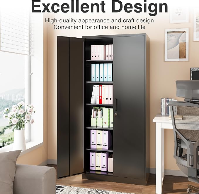 Wide & Deep Metal Storage Cabinet with 2 Doors and 5 Adjustable Shelves,72x36x18 Garage Storage Cabinet,Tall Black Locking Metal Cabinets with Lock,Steel Locked Cabinets for Home,Office,Garage