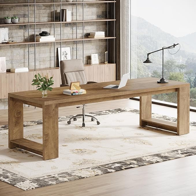Tribesigns Two Person Desk Set of 2, 86.6-Inch Extra Long Wood Desk, Double Computer Writing Table, Wood Large Workstation for Home Office, Wood Color