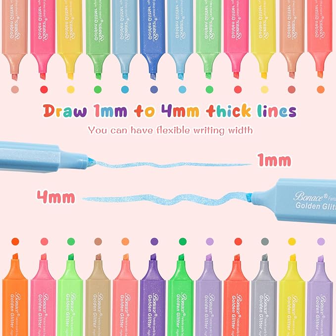 24 Glitter Highlighters, Metallic Chisel Tip Marker Pens | Pastel & Fluorescent Colors | Quick-Dry for Notes, Planners & DIY Crafts