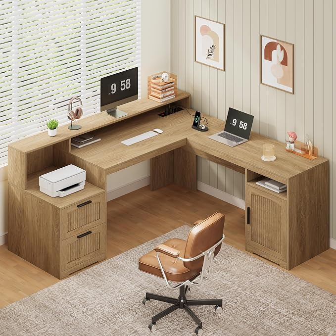 63" Fluted L Shaped Desk with Drawers & Printer Shelf for Home Office | Corner Computer Desk with Storage, Power Outlets, L Shaped Office Desk with Monitor Stand, Printer Shelf, Oak
