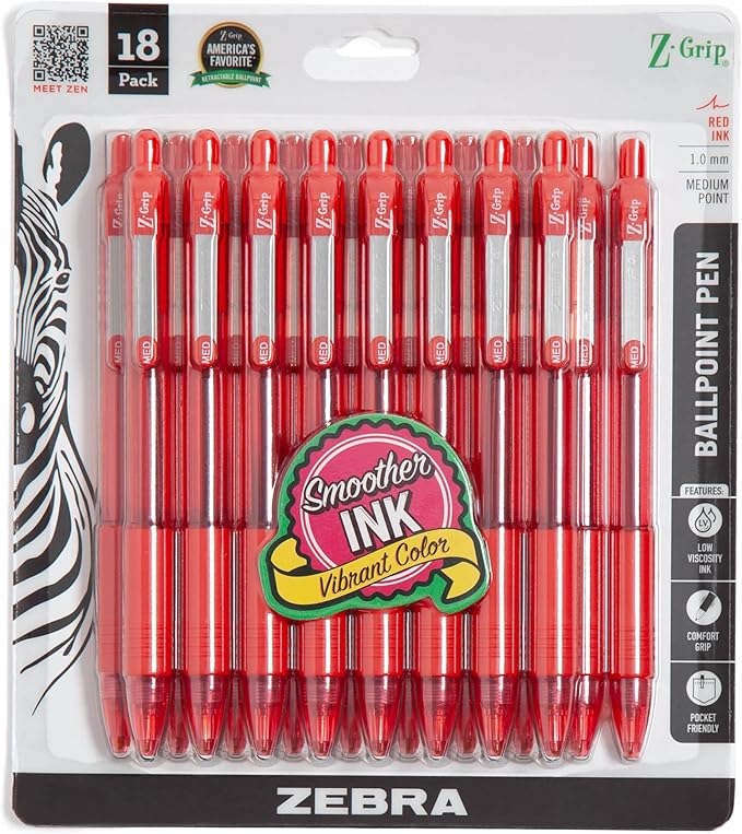 Zebra Pen Z-Grip Retractable Ballpoint Pen, Red Ink, 1.0mm, 18-Pack | Smooth Writing, Medium Point Tip, Ideal for Planners, Note-Taking, School and Office Supplies, and Everyday Writing (22318)