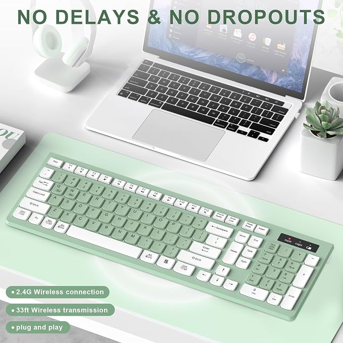 RECCAZR Wireless Keyboard Silent for Office and Home(Avocado Green) | 2.4G Full Size Silent Cordless Keyboard with Tilt Legs for Windows/Mac OS/Desktop/Laptop/PC