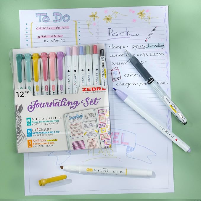 Zebra Pen Journaling Set, MILDLINER, CLiCKART & SARASA, Assorted, 12-Pack | Includes 6 MILDLINER Highlighters, 5 CLiCKART Felt Tip Pens & 1 SARASA MarkOn Pen, Ideal for Bible Study & Note-Taking (14012