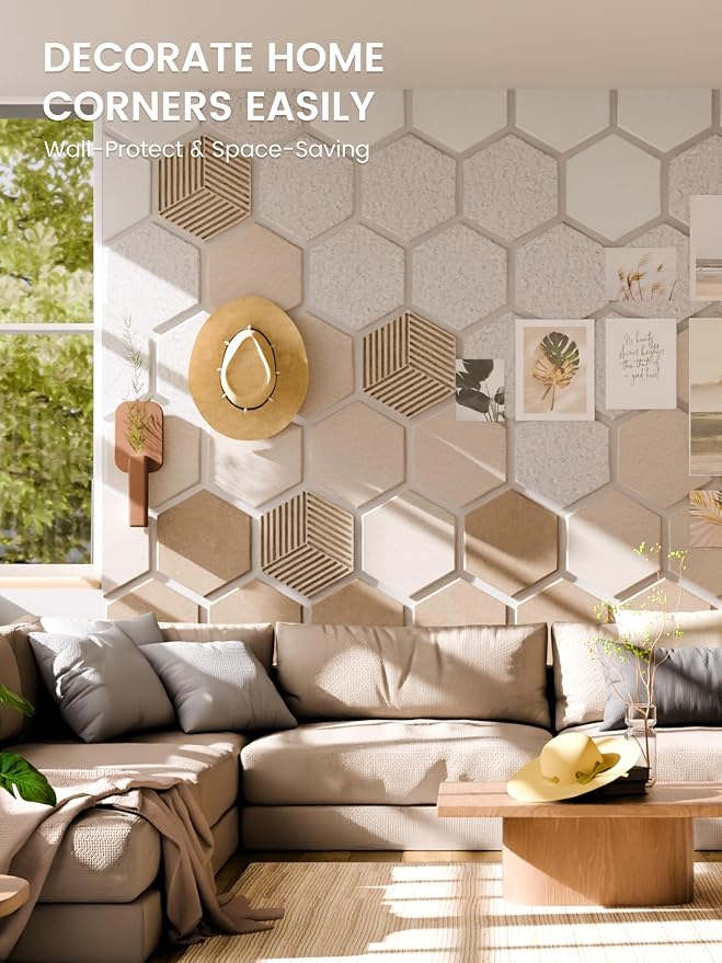Fluxynara 10-Pack Hexagon Felt Bulletin Board Tiles, Stone Beige | Cork Board Alternative for Wall Decor and Vision Boards, with 50 Adhesive Tabs for Home, Office, Classroom or Dorm.