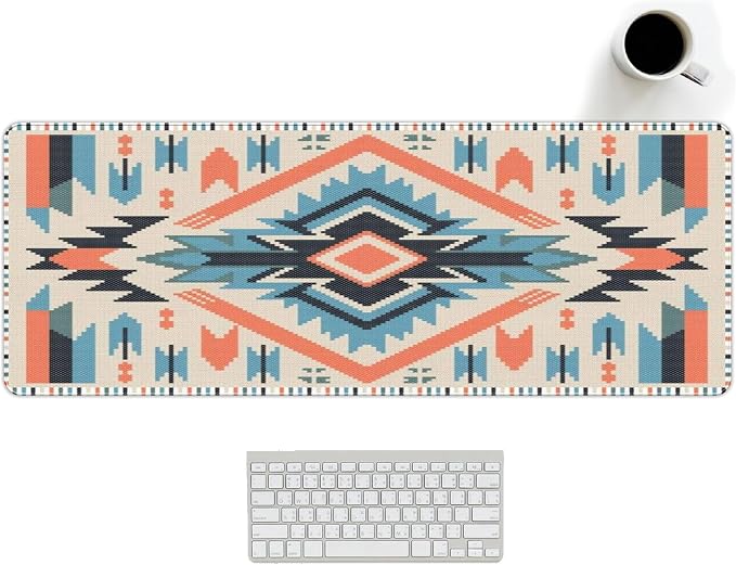 Western Rug Mouse Pads Vintage Southwest Desk Mats for Computers, Retro XL Large Aztec Desk Accessories Office Decor Blue Orange Gaming Full Desks Computer Mat for Women Men 31.5x11.8