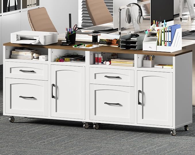 Lateral File Cabinet 2 Drawers, Filing Cabinets for Home Office | Rolling Office Storage Cabinet with Drawers, Fits A4/Letter-Sized Files, Printer Stand with Storage, Modern, White and Walnut