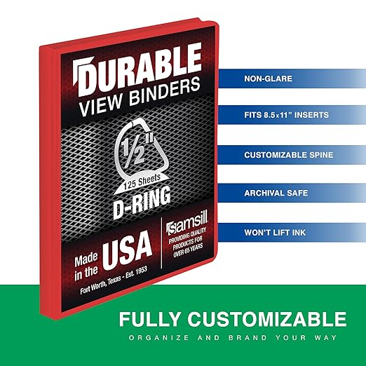 Samsill Durable 0.5 Inch Binder, D Ring Binder, Customizable Clear View Cover, Ruby Red, Holds 125 Pages