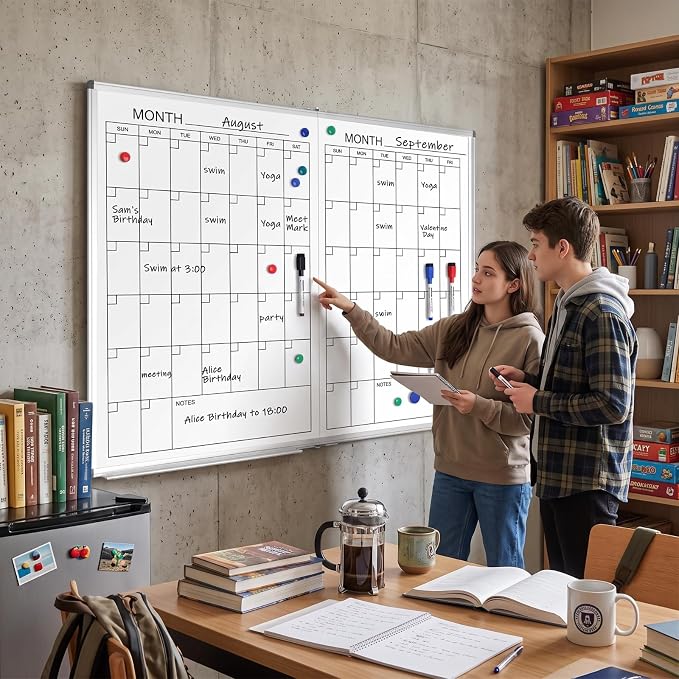 Large 48" x 36" Magnetic 2 Month Dry Erase Calendar White Board Foldable Whiteboard Calendar for Wall Mounted 2 in 1 Double Side Whiteboard with Dry Erase Board for Wall Office Home