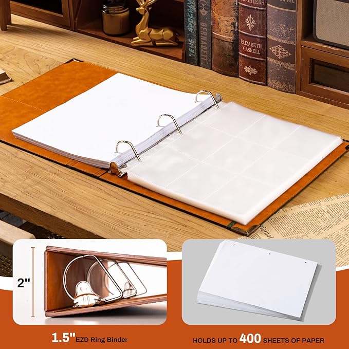 Leather D Ring Binder Fits 8.5"x11" Letter Size Paper, 1.5 Inch D-Ring Binders Holds 400 Sheets, Notepad Paper Cover Loose Leaf Organizer with Inner Pockets, Brown Tree