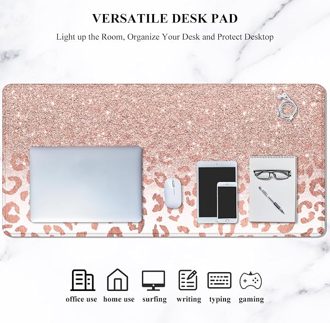 Auhoahsil Large Mouse Pad, XXL Desk Pad, Extened 35" x 15", Non-Slip Rubber Base, Stitched Edges, Superior Surface, Waterproof Keyboard Mat, Large Mousepad for Gamer, Office & Home, Pink Gold Leopard