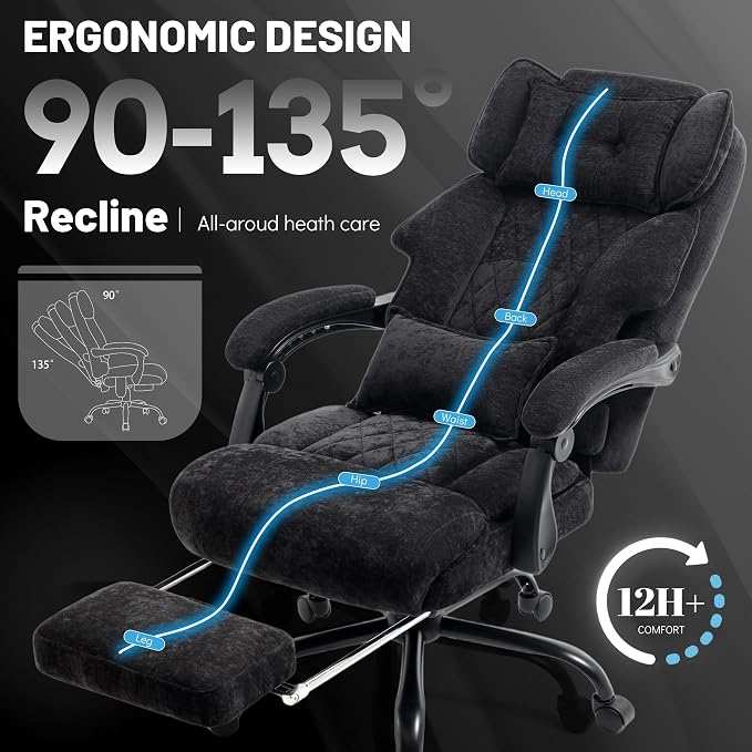 Massage Office Chair with Foot Rest,6 Points Vibration & Heat Executive Office Chairs for Heavy People,500LBS Big and Tall Office Chair,Ergonomic Reclining Desk Chair,Dual-Use Pillow,BlackCloth