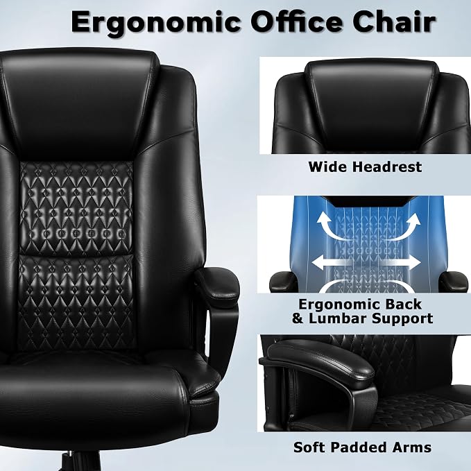 Executive Office Chair, High Back Ergonomic Desk Chair with Lumbar Support, Adjustable Big and Tall Computer Chair, 360° Swivel, PU Leather, Black