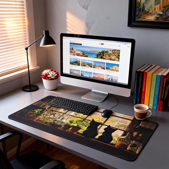 Cute Anime Black Cat Gaming Mouse Pad, Forest Green Warm Healing Desk Mat with Anti-Slip Base & Stitched Edges, Office Supplies & Desk Decor for Women, 35.4" x 15.7" in Home Office Essentials