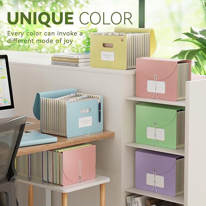 Accordion File Organizer, 12-Pocket Wheat Straw Expanding File Folder, Portable Monthly Bill & Tax Receipt Organizer, Letter/A4 Size Document Holder with Colorful Tabs-Lavender Purple