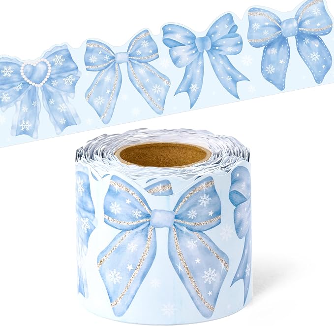 BeYumi Blue Bows Border Trim - 65ft Back to School Watercolor Blue Bow Coquette Rolled Border Trim Pastel Watercolor Bulletin Board Classroom Office Chalkboard Kindergarten Elementary Home Party Decor