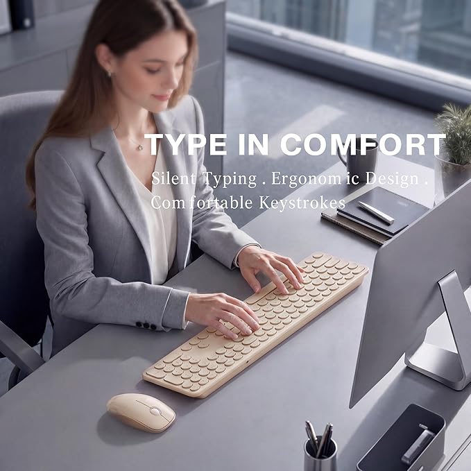 MPTOG Wireless Keyboard and Mouse Combo (Milk-Tea) | Retro Round Typewriter Keys, 2.4G Silent Connection, Ergonomic Aesthetic Desk Set for Home Office, Laptop, PC, Mac