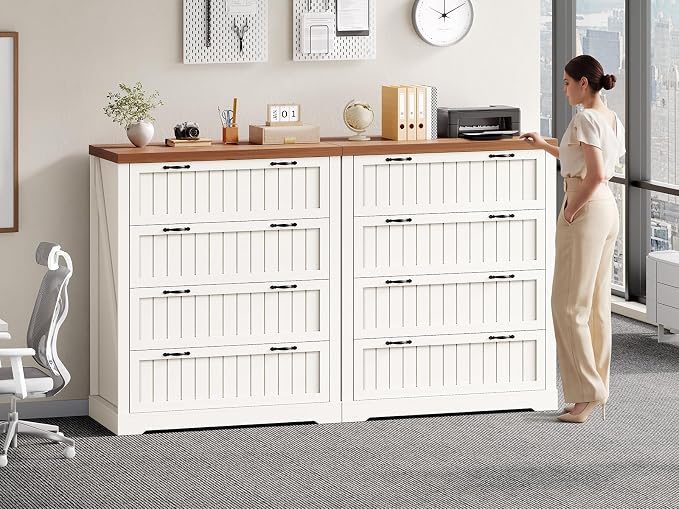 SEDETA Farmhouse 4 Drawer File Cabinet, Filing Cabinet for Home Office, Wood Office File Cabinets for Letter/Legal/A4 Size, File Cabinet Organizer for Study Room & Living Room, White and Brown