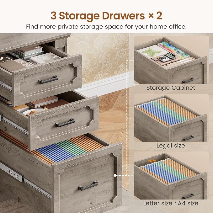SEDETA Farmhouse 110.3" Two Person Desk with 7 Drawers, Long Computer Desk with Storage Cabinet, 2 Person Desk with Power Outlets for Home Office, Gray