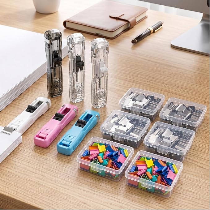 6 Pcs Portable Binder Clip Stapler with 300 Reusable Clips, Mini Stapler | Damage-free, No-drilling, Reusable Clam Clip 6 Colors, Handheld Paper Clam Clip Dispenser for School Office Fixing Documents
